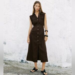 NWT ZARA BROWN LINEN MIDI DRESS SIZE L
